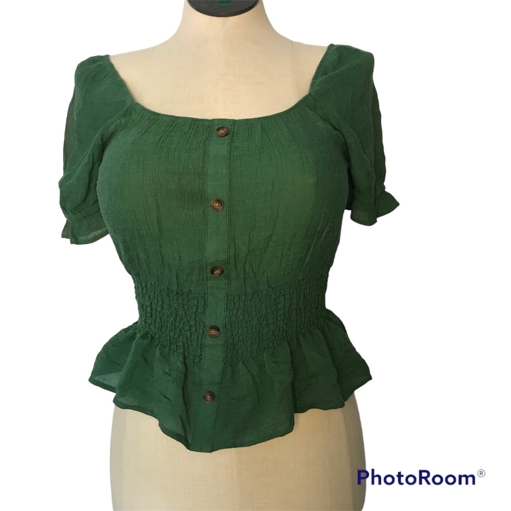 Crescent & Willough Green Square Neck Crop Top Sz M Short Sleeves Resorted Waist